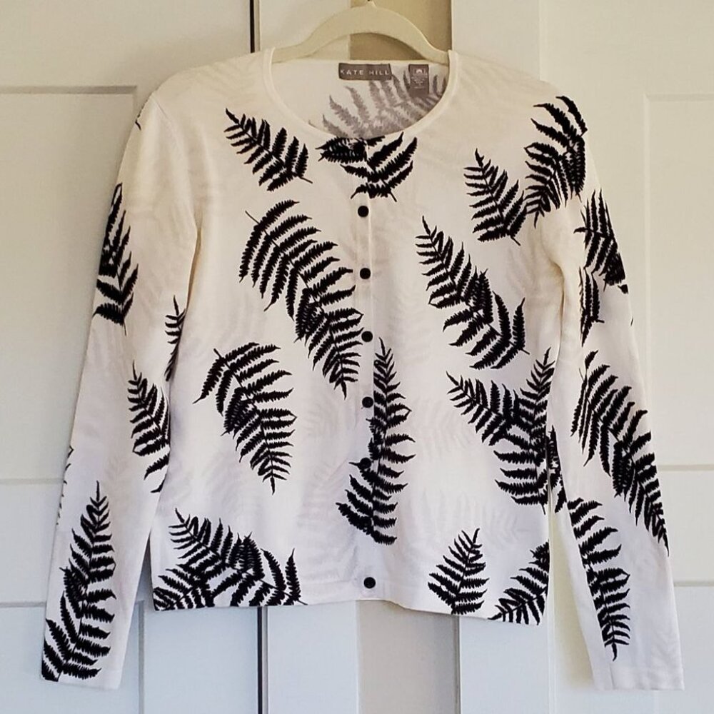 Kate Hill White Cardigan with Black Fern Leaves Imprints. Size S